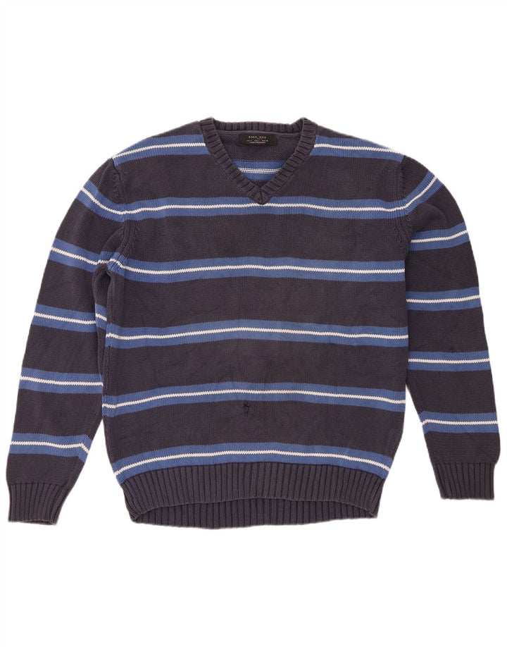Zara Pull à col en V pour homme Large Rayé Gris