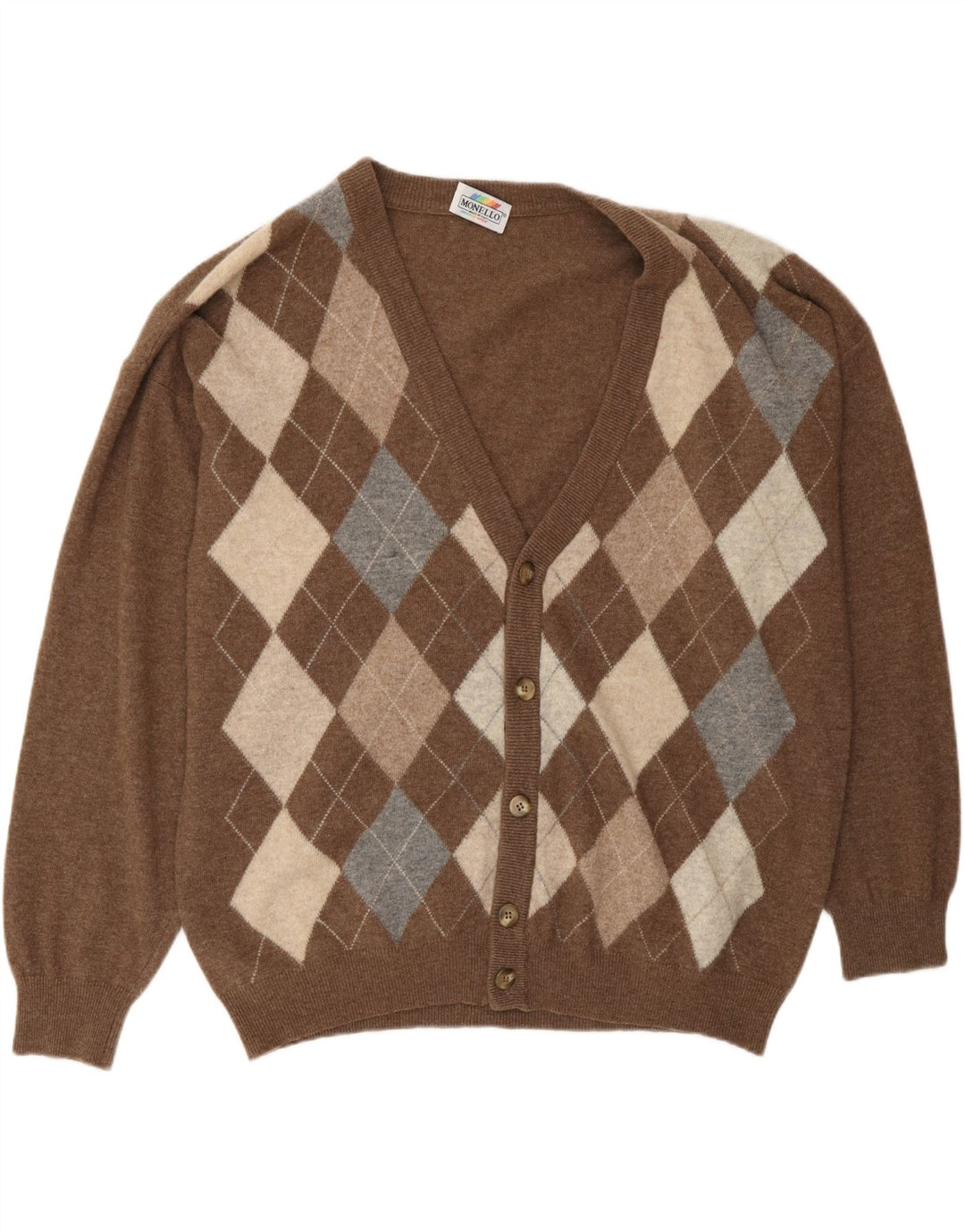 MONELLO Cardigan Homme Pull IT 52 Large Marron Argyle/Diamant Laine