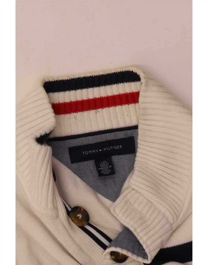 Tommy Hilfiger Pull à col boutonné pour homme Large rayé blanc