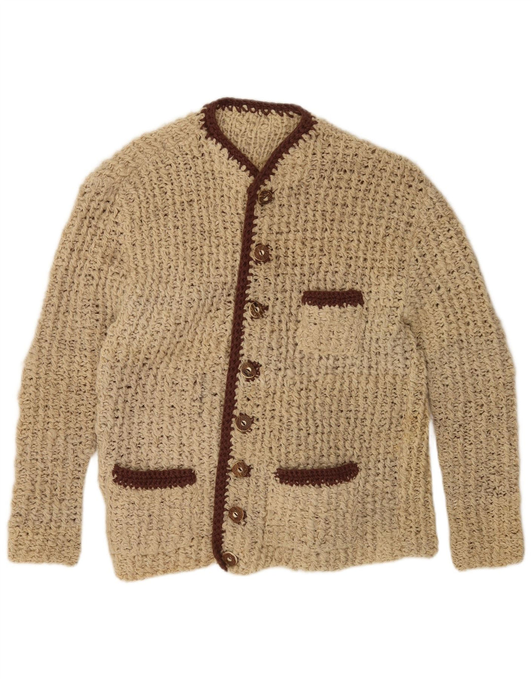 vintage Femme Cardigan Pull UK 14 Medium Beige Colourblock