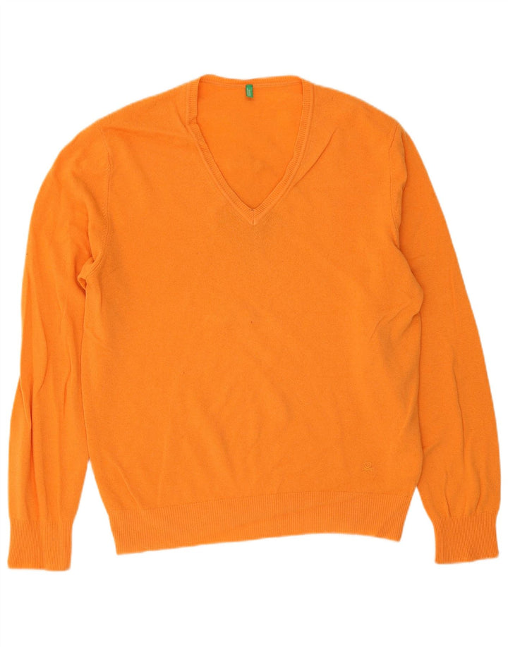 Benetton Pull Col V Homme XL Orange Laine Vierge