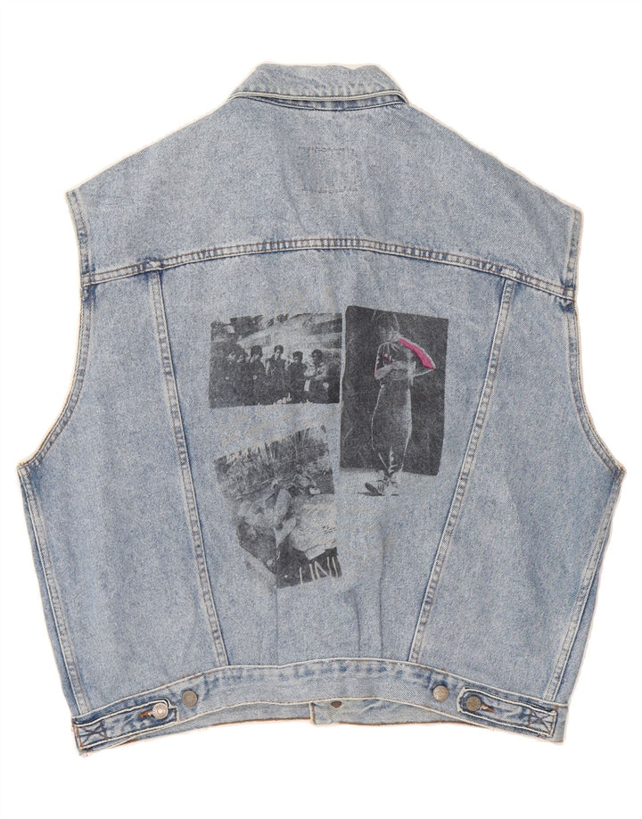 UNIFORM Womens Graphic Denim Gilet UK 14 Medium Blue Vintage Uniform and Second-Hand Uniform from Messina Hembry 