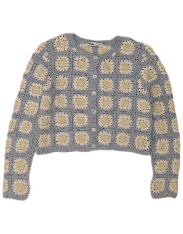 Zara Womens Crop Crochet Cardigan Pull UK 14 Bleu Moyen Floral