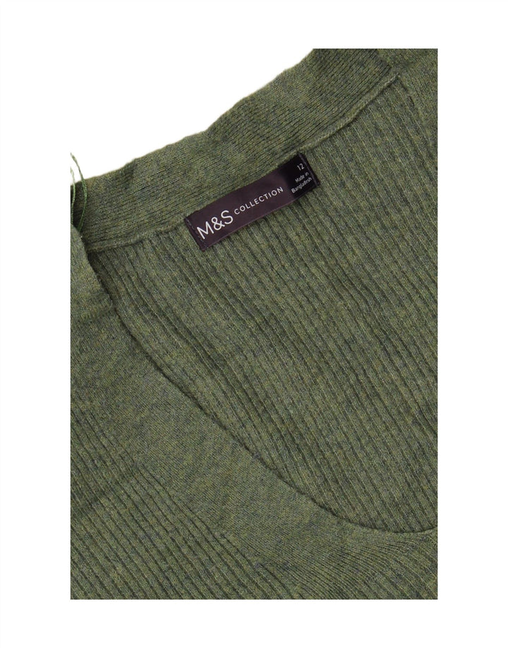 MARKS & SPENCER Womens V-Neck Jumper Sweater UK 12 Medium Green Polyester Vintage Marks & Spencer and Second-Hand Marks & Spencer from Messina Hembry 