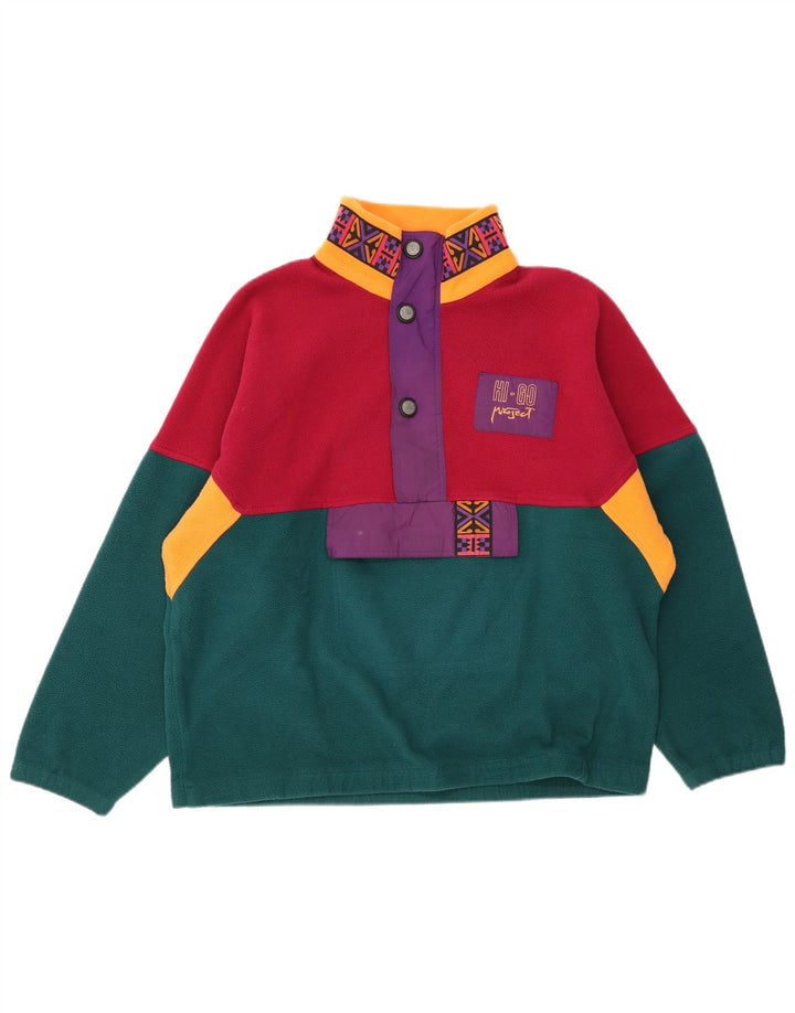 vintage Mens Button Neck Fleece Jumper Grand Multicolore Colorblock