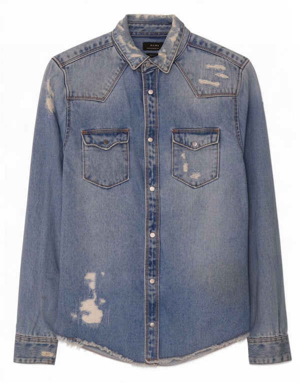 Zara Chemise en jean coupe décontractée en détresse pour homme Petit coton bleu