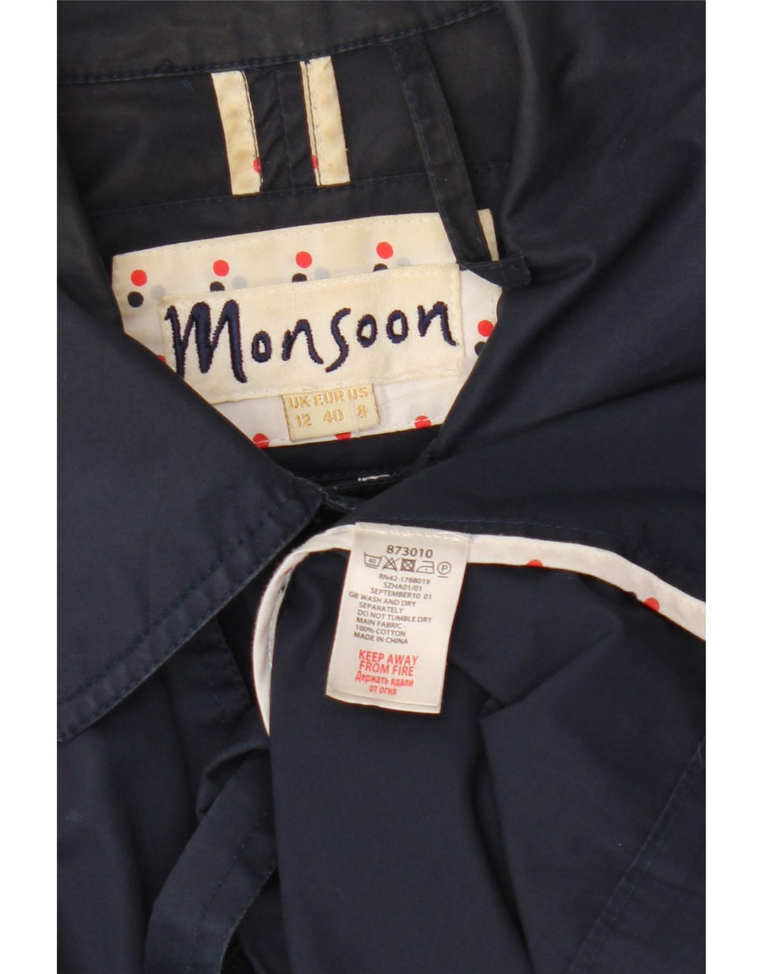 Monsoon Trench Femme UK 12 Coton Bleu Marine Moyen