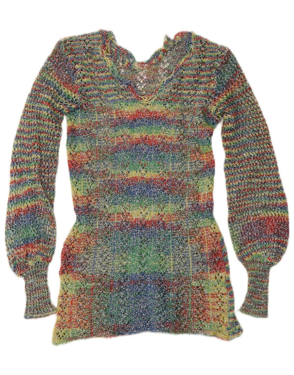 vintage Womens V-Col Jumper Sweater UK 4 XS Multicolore Rayé