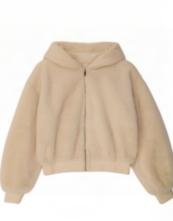 Topshop Veste bomber à capuche Teddy Bear pour femme UK 10 Small Blanc cassé