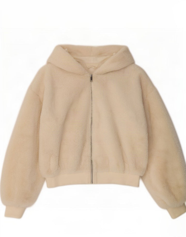 Topshop Veste bomber à capuche Teddy Bear pour femme UK 10 Small Blanc cassé