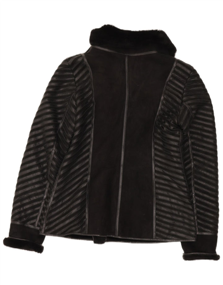 veste shearling femme vintage UK 18 XL Cuir rayé noir