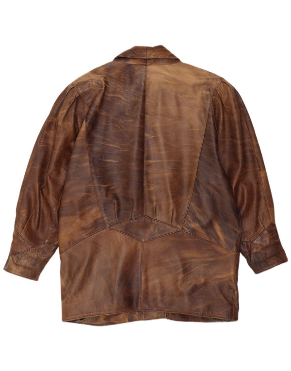Veste en cuir surdimensionnée femme vintage UK 14 Medium Brown Tie Dye