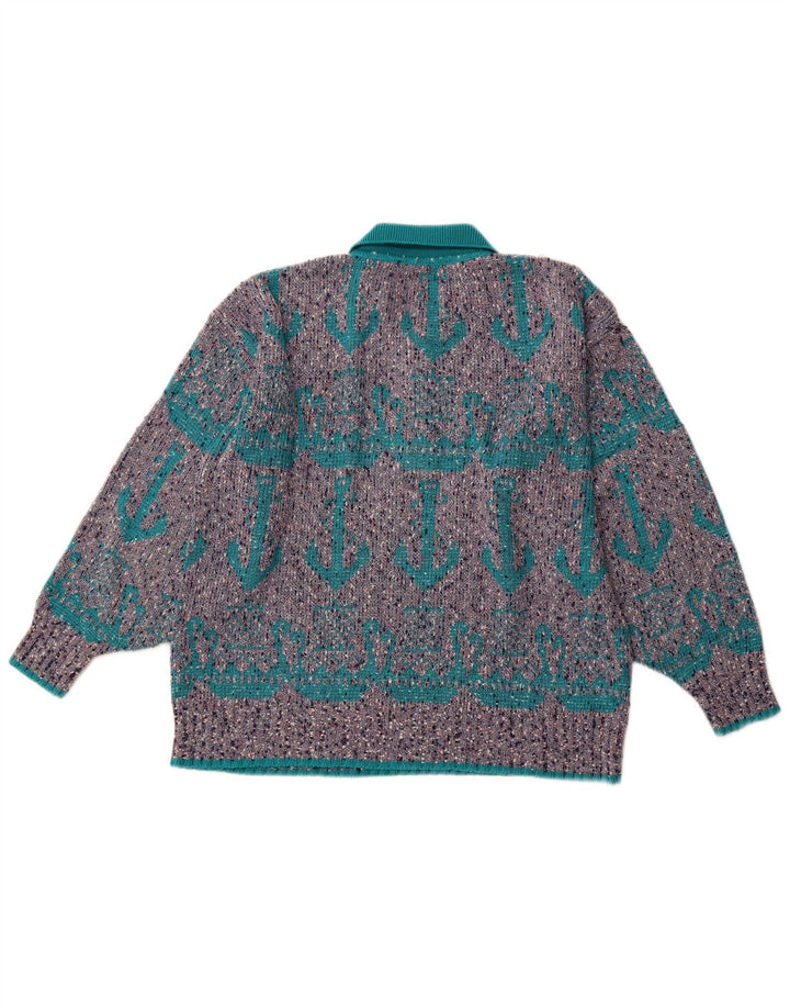 VINTAGE Pull à col polo à motif abstrait pour homme XL Gris