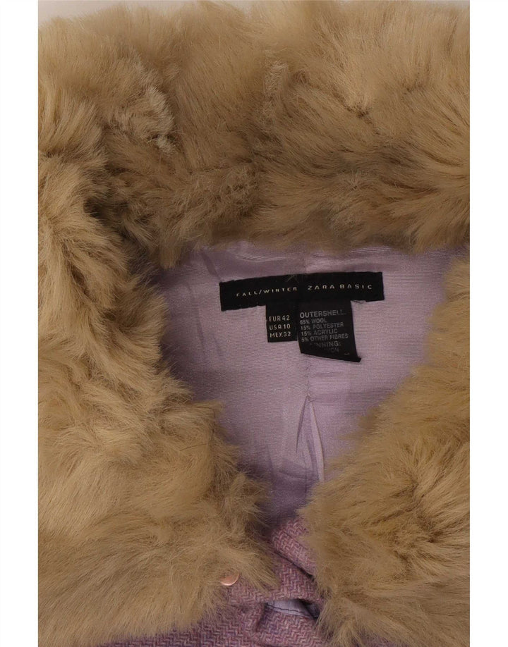Zara Femme Veste En Fausse Fourrure EU 42 Moyen Violet Moucheté Laine Classique