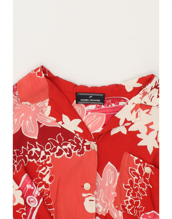 DANIEL HECHTER Womens Longline Short Sleeve Shirt UK 14 Medium Red Floral Vintage Daniel Hechter and Second-Hand Daniel Hechter from Messina Hembry 