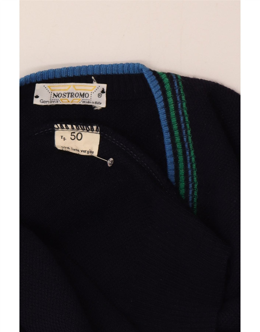vintage Homme Col V Pull Pull IT 50 Laine Bleu Marine Moyenne