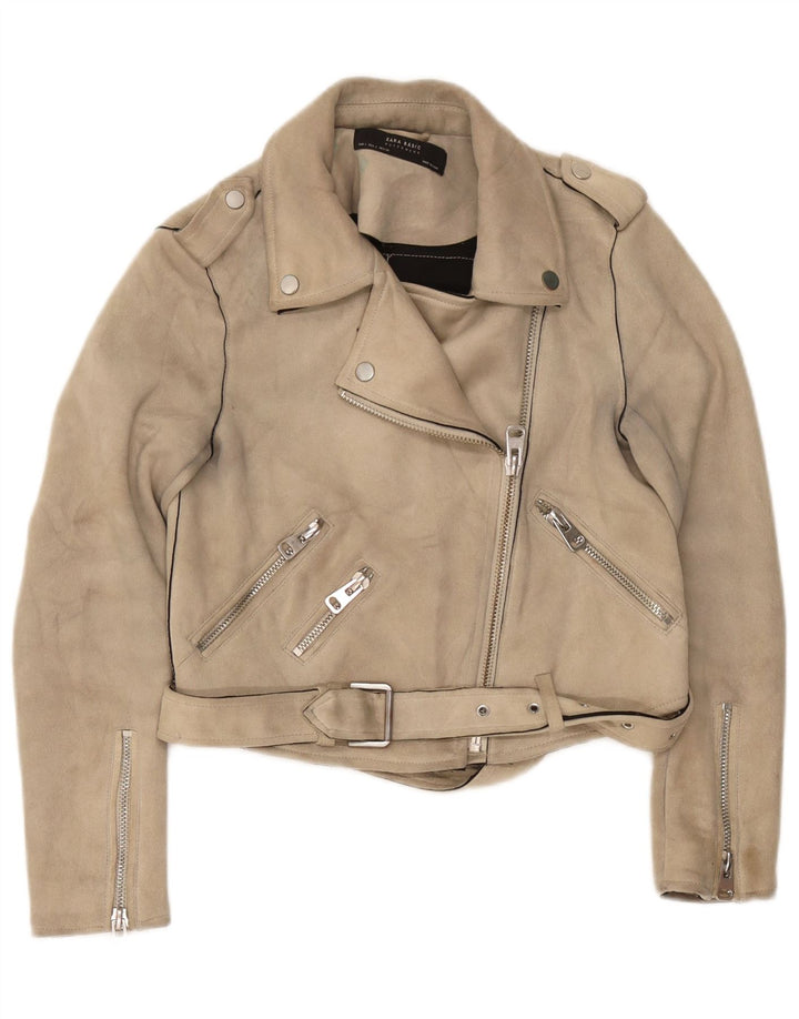 Zara Veste de motard courte pour femme UK 10 Petit polyester beige