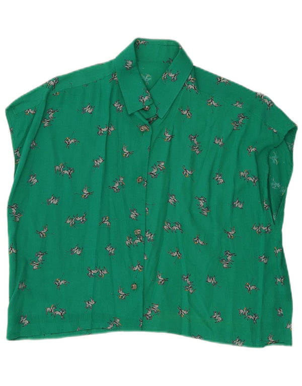 vintage Womens Crop Graphic Chemise sans manches Blouse UK 12 Vert moyen