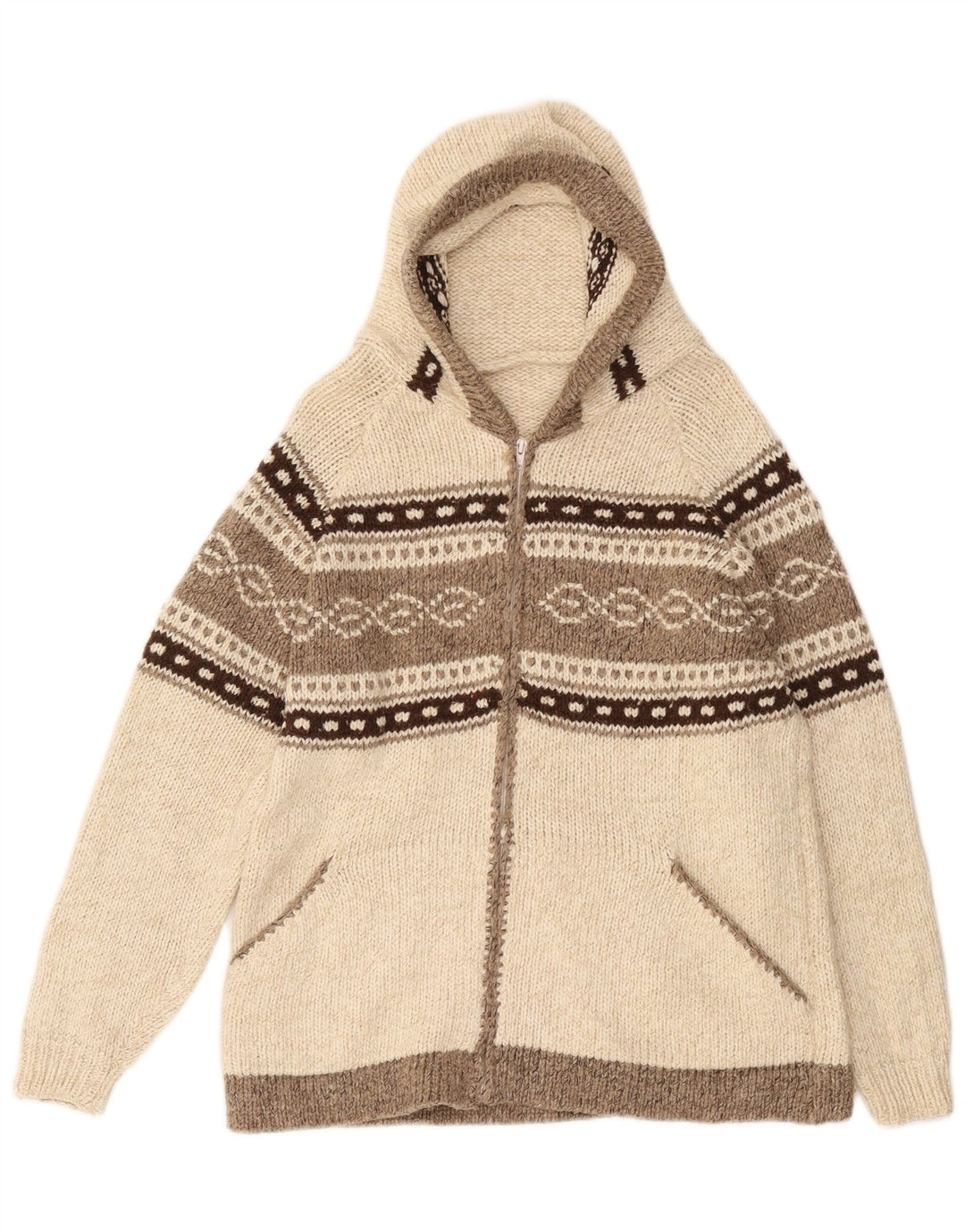 VINTAGE Cardigan à capuche pour homme Medium Off White Fair Isle
