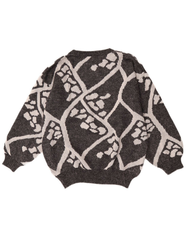 vintage Womens Crew Neck Jumper Sweater UK 16 Grand Gris Géométrique