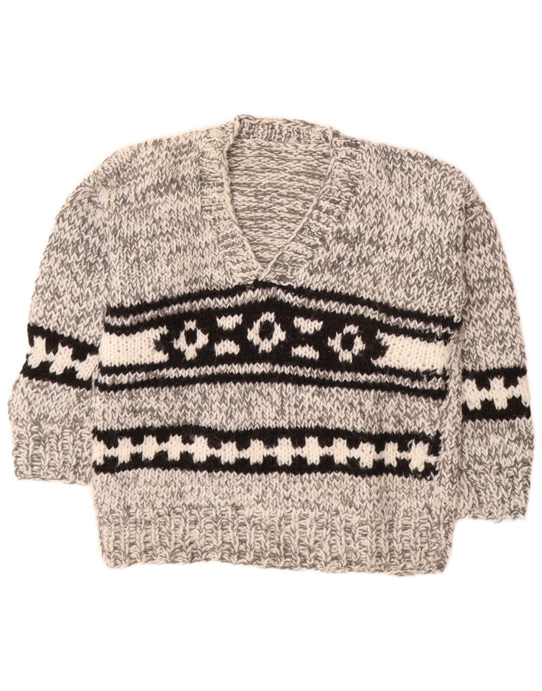vintage Homme Col V Pull Pull Gris Moyen Fair Isle