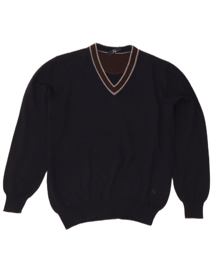 Fay Pull col V pour homme en laine vierge color block bleu marine moyen