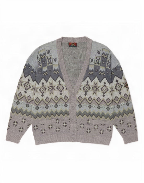 Navigare Cardigan homme pull 2XL gris géométrique laine d'agneau