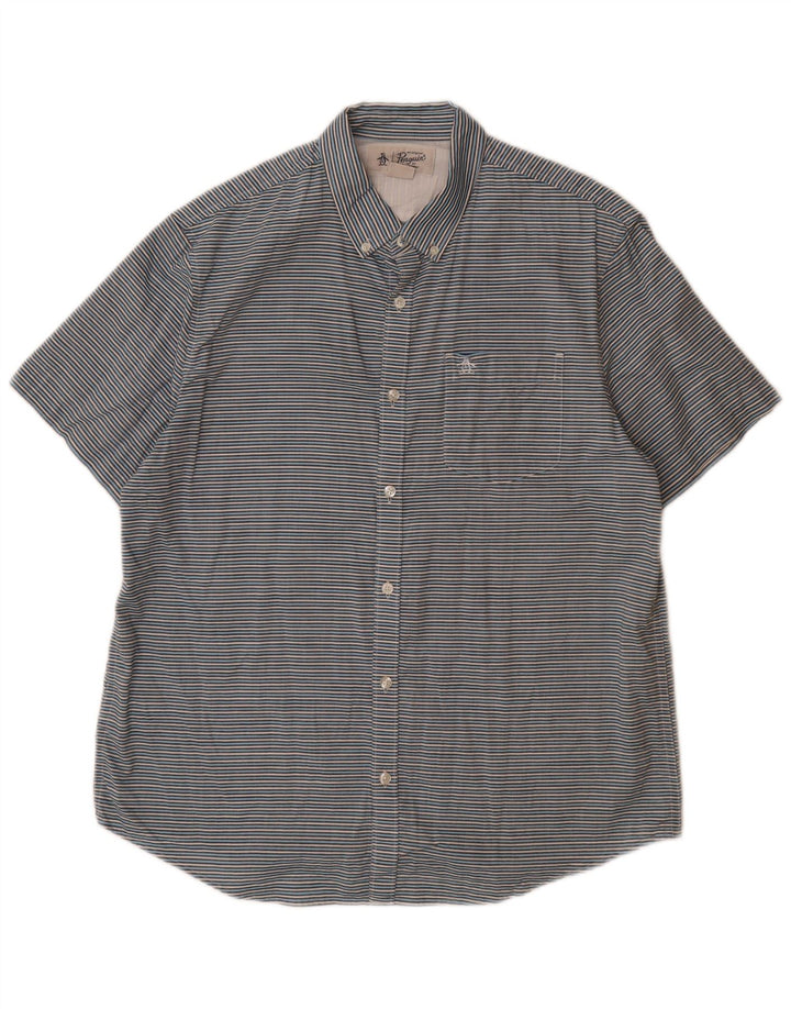 PENGUIN Chemise à manches courtes pour homme en coton à fines rayures bleues