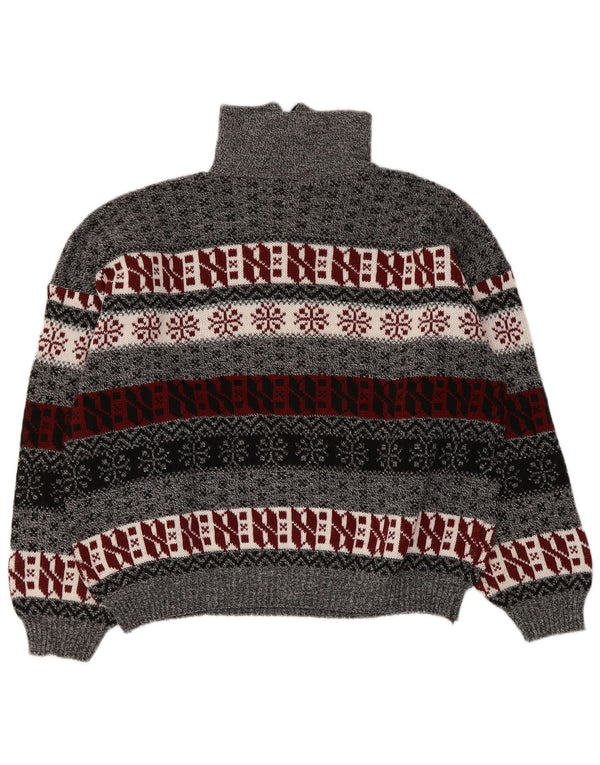 vintage Femme Zip Neck Jumper Pull UK 14 Moyen Gris Fair Isle