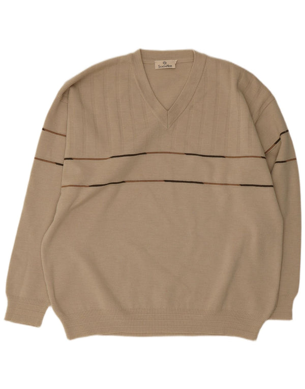 vintage Homme Col V Pull Pull IT 50 Moyen Beige Rayé Polyacrylique