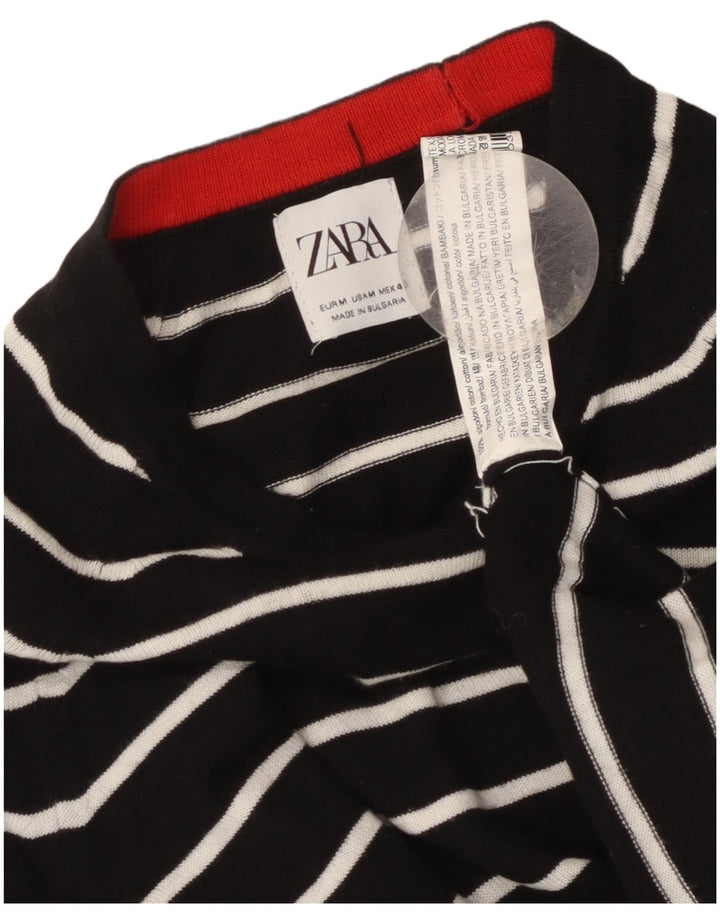 ZARA Femme Pull Col Bateau UK 14 Moyen Noir Rayé Coton