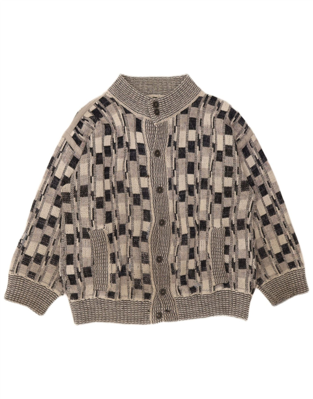 vintage Mens Cardigan Pull Grand Chèque Gris