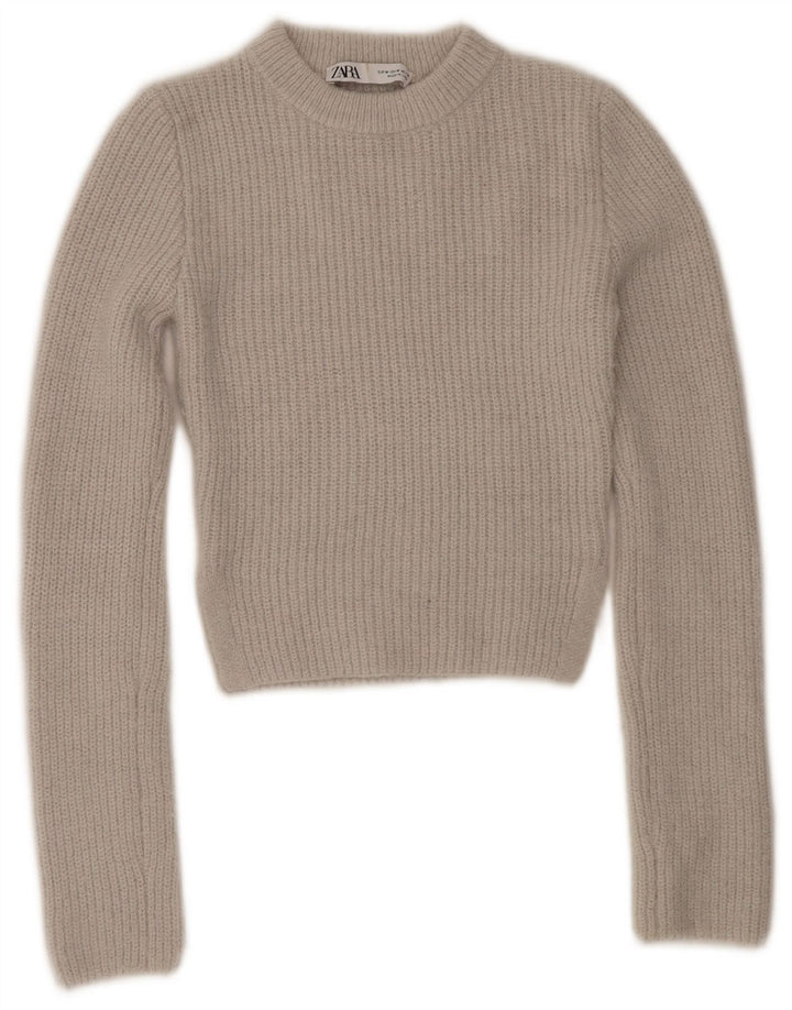 Zara Pull court à col rond pour femme UK 12 Gris moyen Polyester