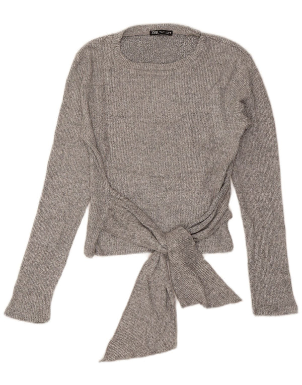 Zara Womens Front Tie Crop Top Manches Longues UK 14 Large Gris Viscose