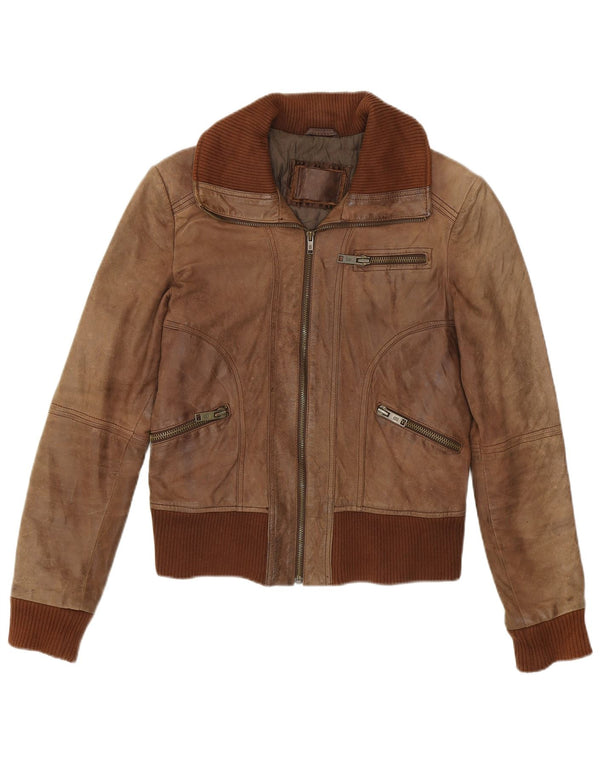 Bershka Veste bomber en cuir pour femme UK 14 Grand cuir marron