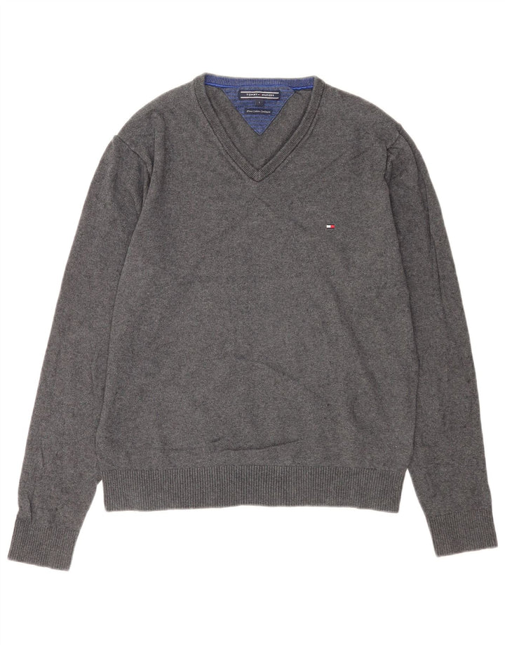 Tommy Hilfiger Pull col V pour homme en coton gris Taille L