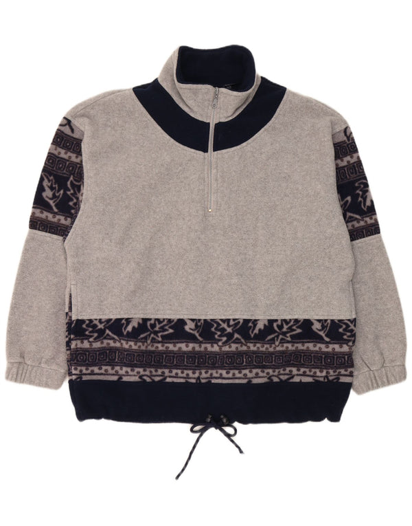 vintage Mens Zip Neck Fleece Jumper Grand Gris Floral Polyester