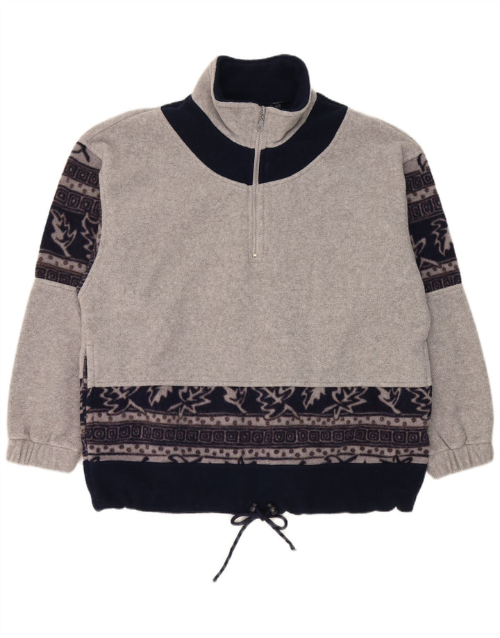 vintage Mens Zip Neck Fleece Jumper Grand Gris Floral Polyester