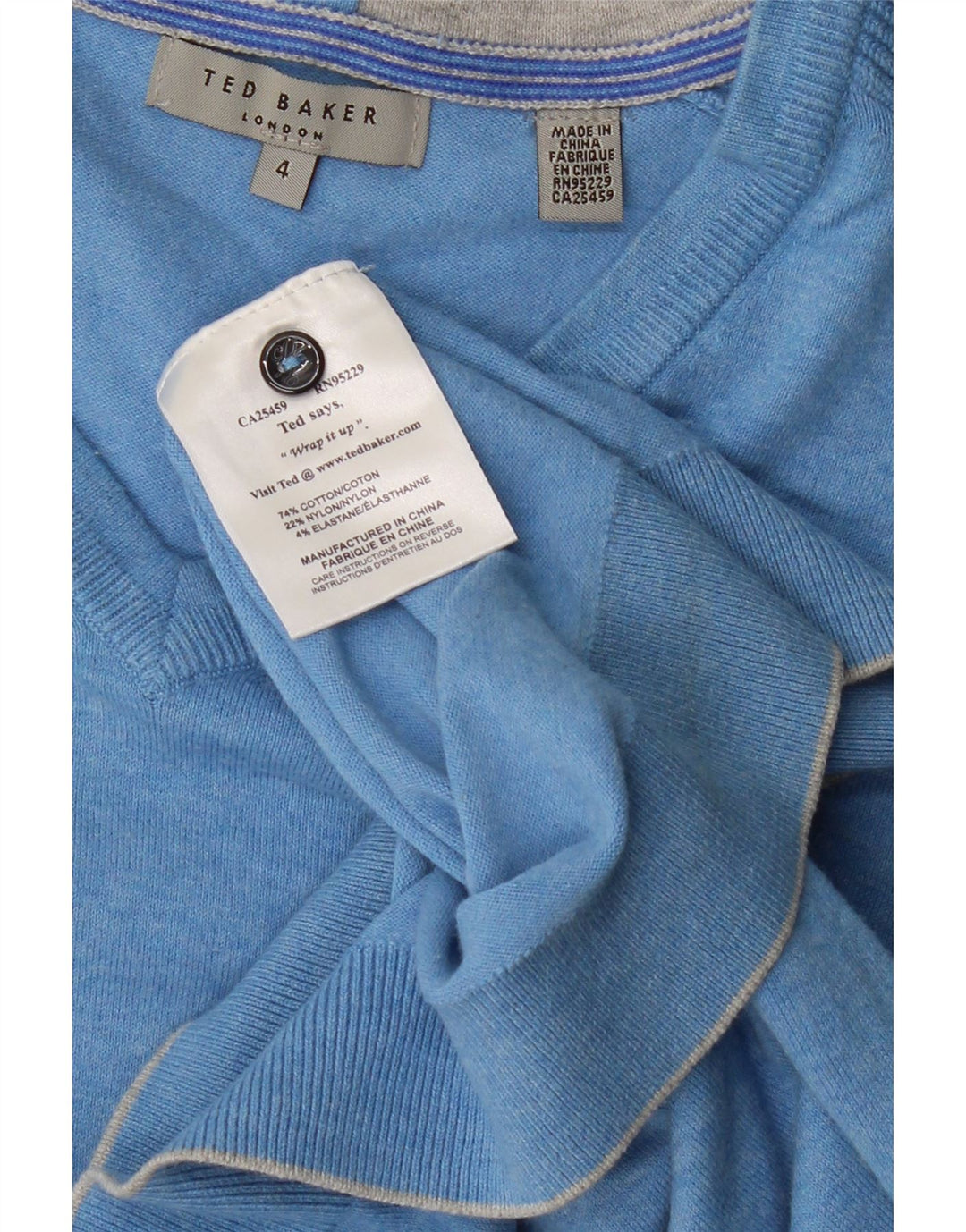 TED BAKER Pull col V pour homme Taille 4 Grand coton moucheté bleu