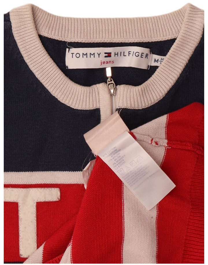 TOMMY HILFIGER Pull à col zippé pour femme UK 12 Rayé rouge moyen