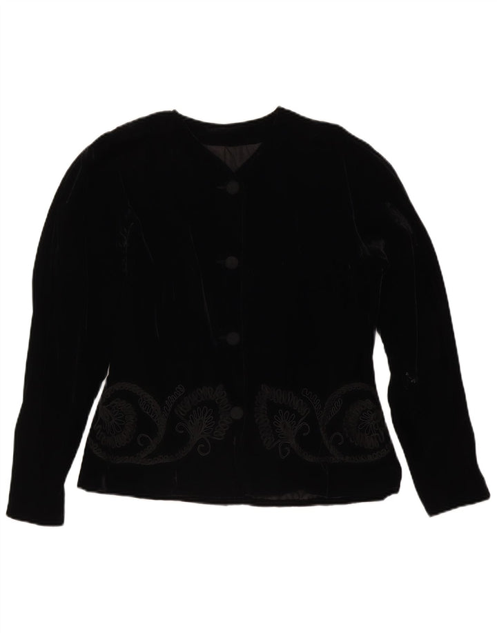 vintage Femmes 4 Bouton Velours Blazer Veste UK 14 Moyen Noir Floral