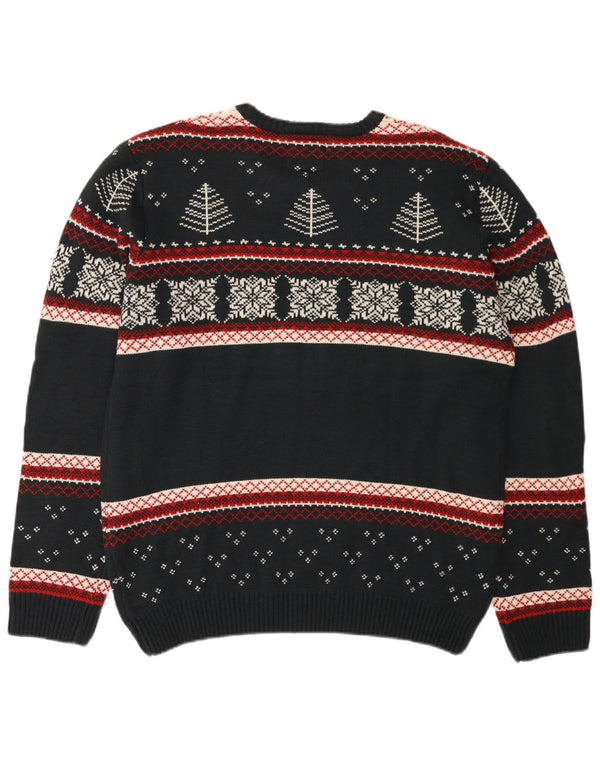 vintage Mens Crew Neck Jumper Pull 2XL Noir Fair Isle Acrylique