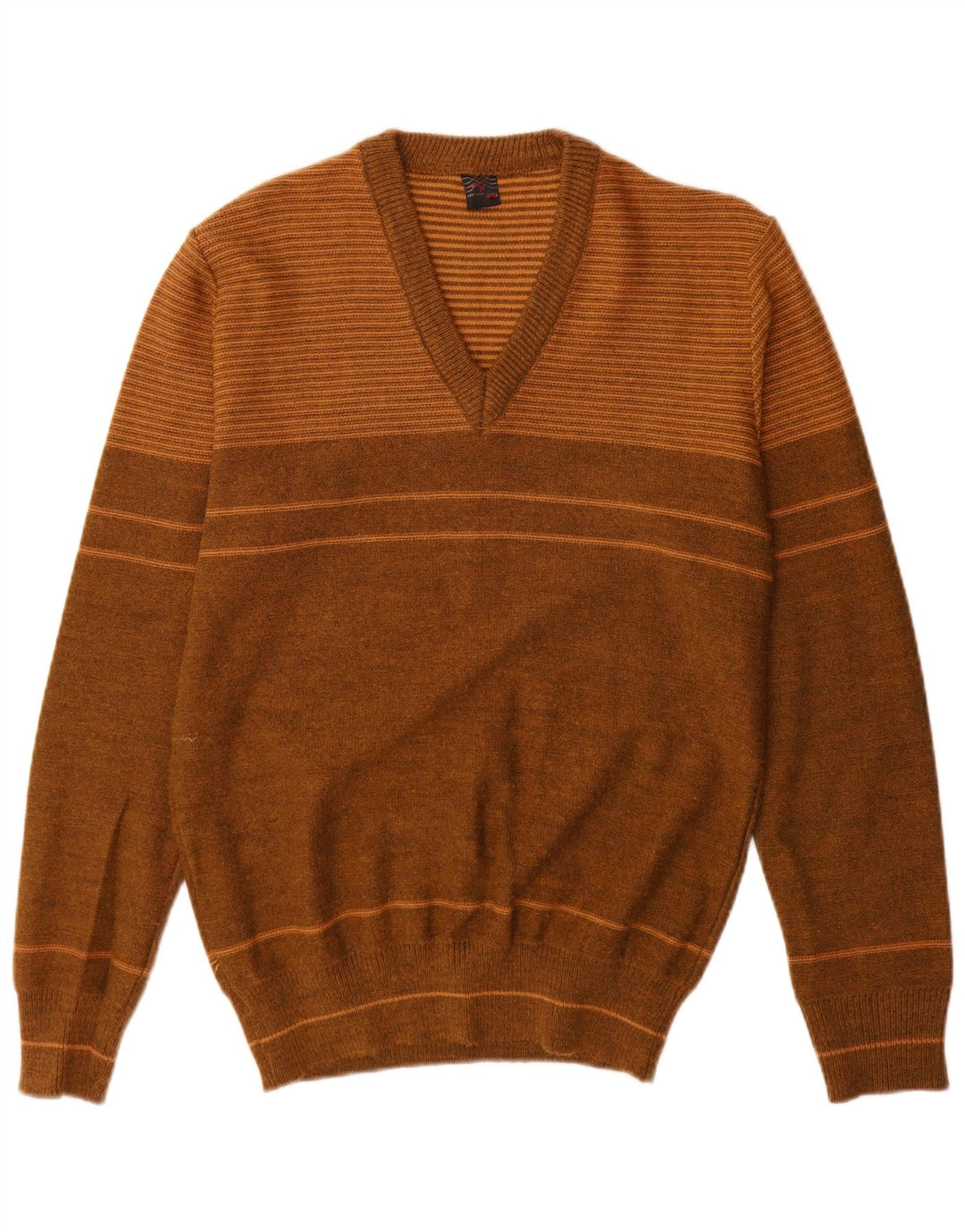 vintage Mens V-Col Jumper Pull Moyen Brun Rayé Acrylique