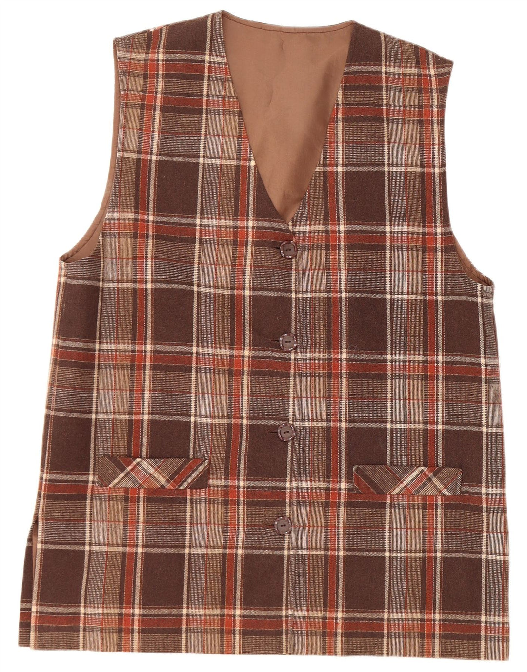 VINTAGE Femme 4 Boutons Veste Blazer Sans Manches UK 16 Grand Carreau Marron
