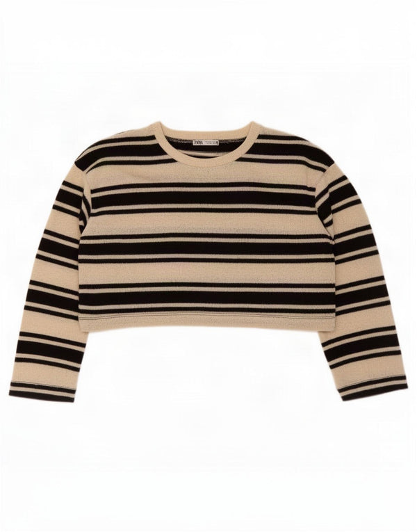 Zara Womens Crop Oversize Top Manches Longues UK 10 Petit Blanc Cassé Rayé