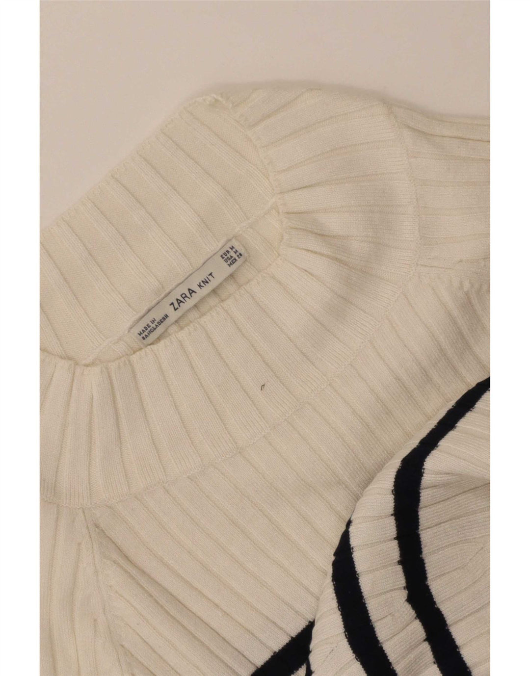 Zara Womens Crop Turtle Neck Jumper Sweater UK 12 Moyen Blanc Rayé