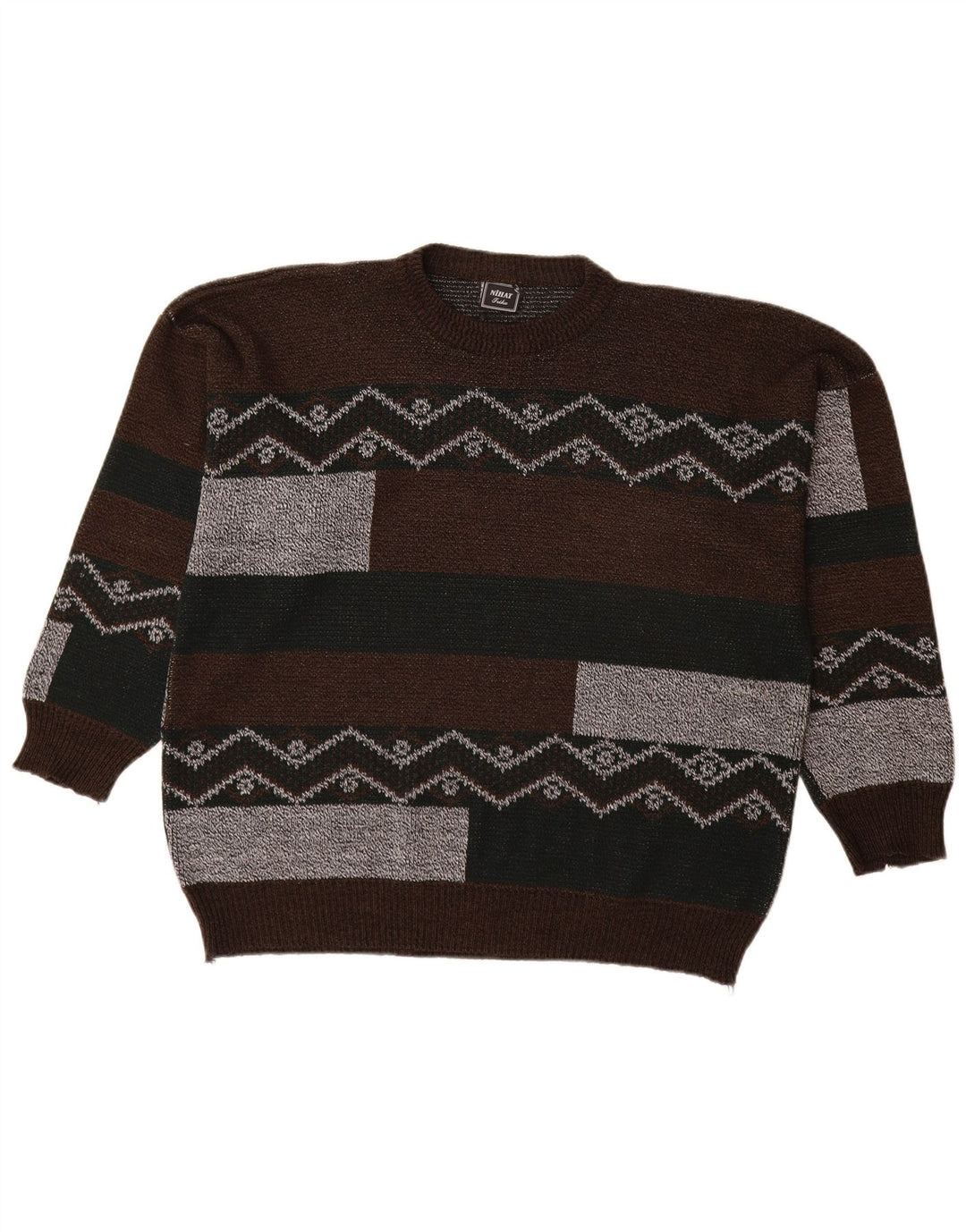 VINTAGE Pull à col rond pour homme XL Marron Colorblock Acrylique