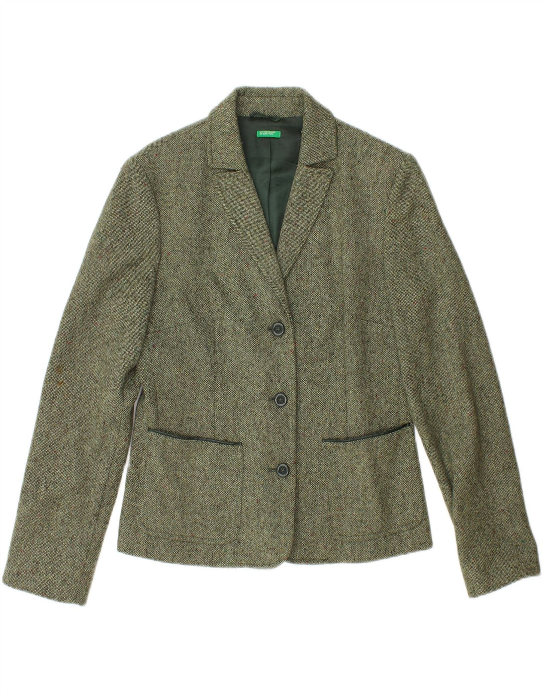 BENETTON Womens 3 Button Blazer Jacket IT 44 Medium Green Flecked Wool