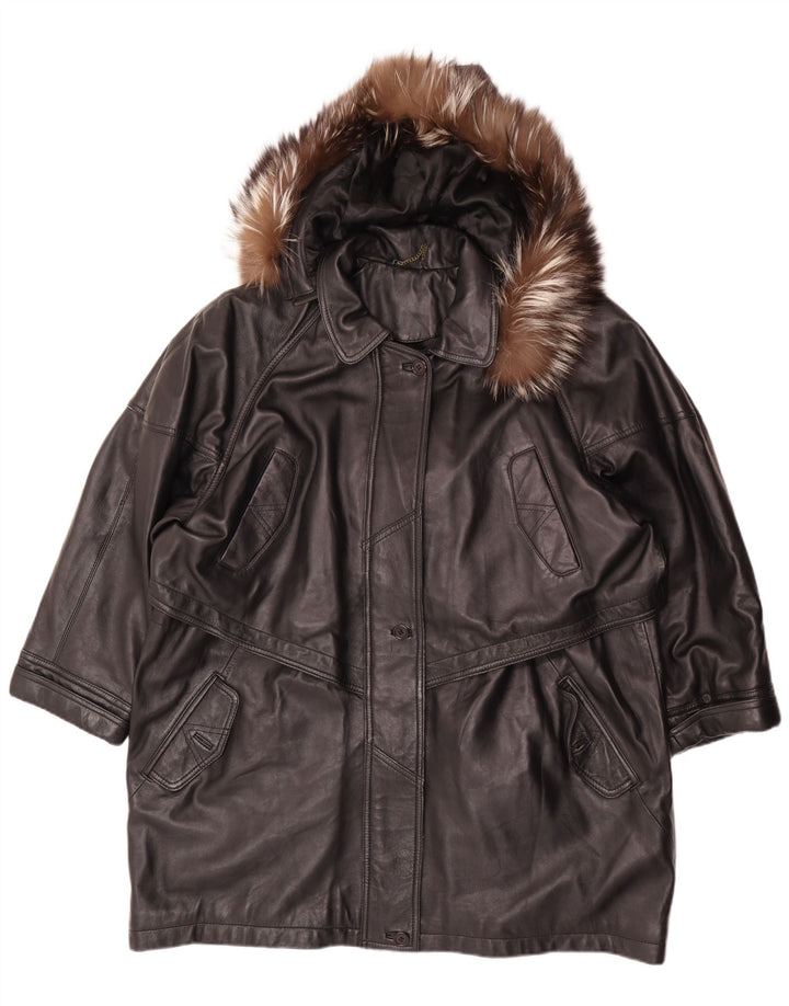 manteau en cuir surdimensionné à capuche vintage pour femmes EU 46 XL Cuir noir
