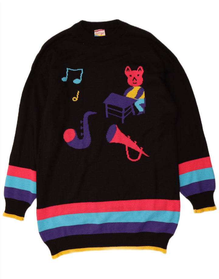 VINTAGE Robe pull graphique femme UK 16 Grand colorblock noir